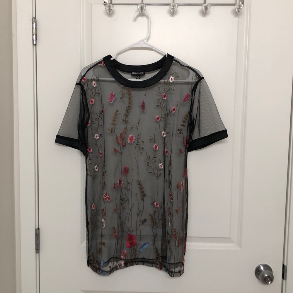 Mesh black shirt with floral design